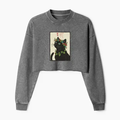 Tokyo-Tiger The Flower-Crowned Cat Washed Crop Sweatshirt