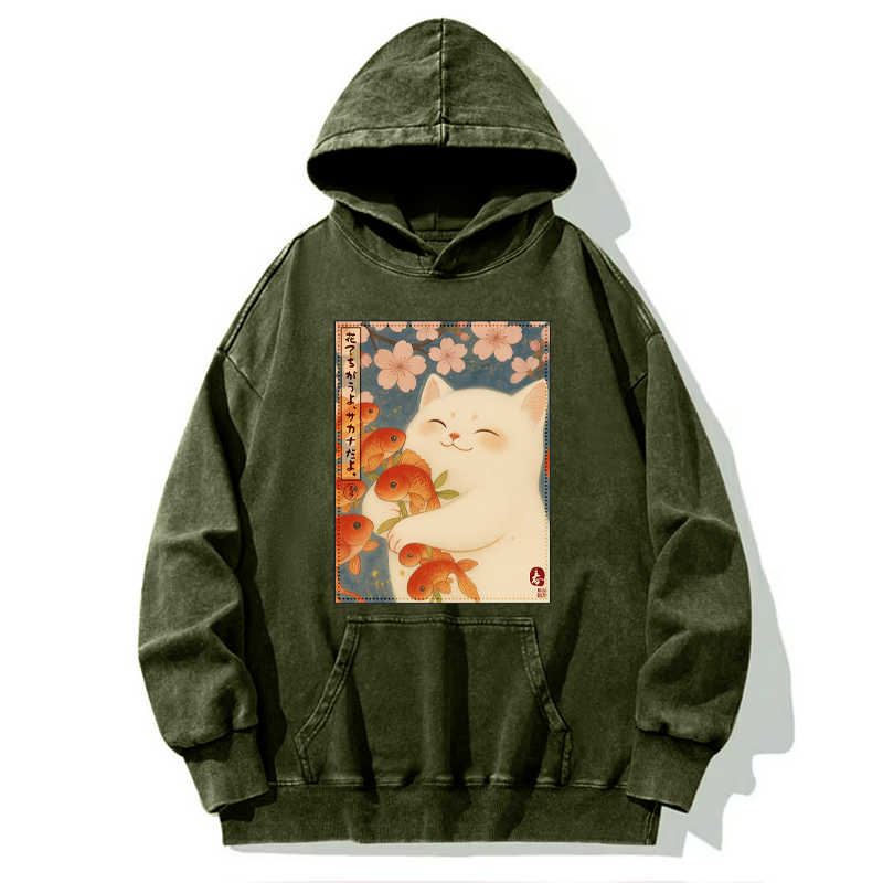 Tokyo-Tiger Funny Ukiyoe Cat and Fish Flower Washed Hoodie
