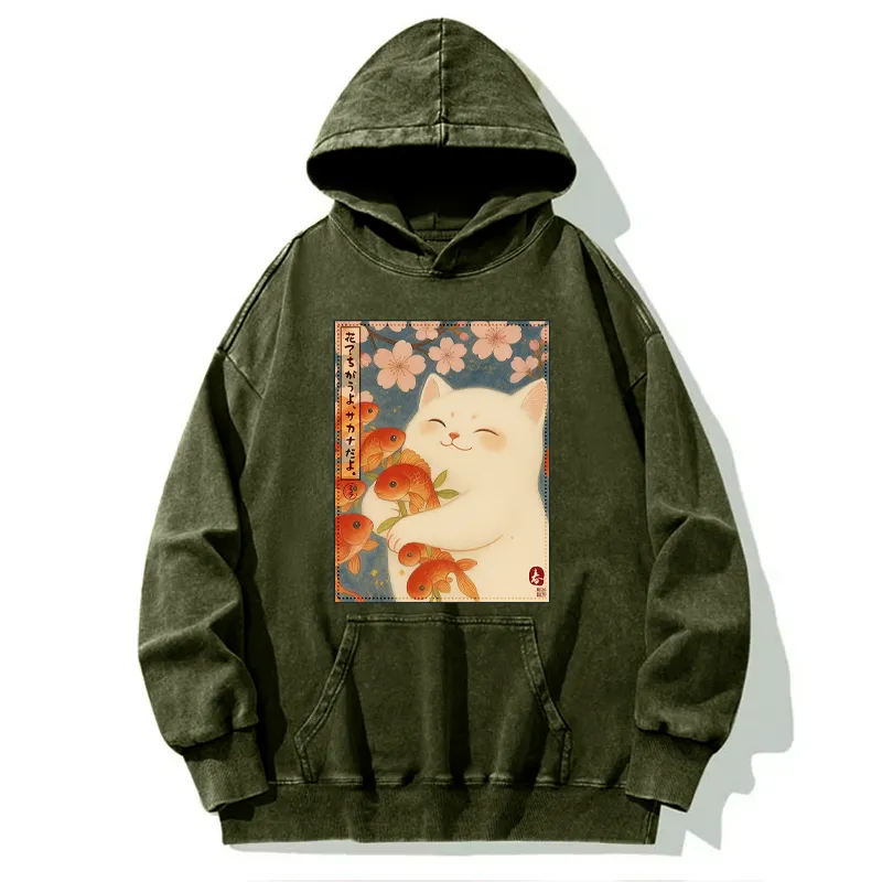 Tokyo-Tiger Funny Ukiyoe Cat and Fish Flower Washed Hoodie