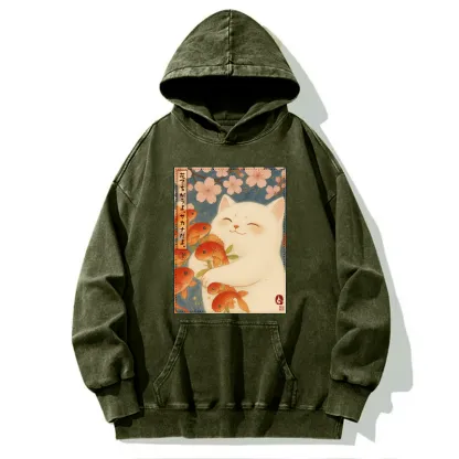 Tokyo-Tiger Funny Ukiyoe Cat and Fish Flower Washed Hoodie