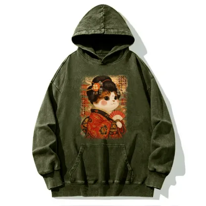 Tokyo-Tiger Ukiyoe Japanese Cat Princess Washed Hoodie