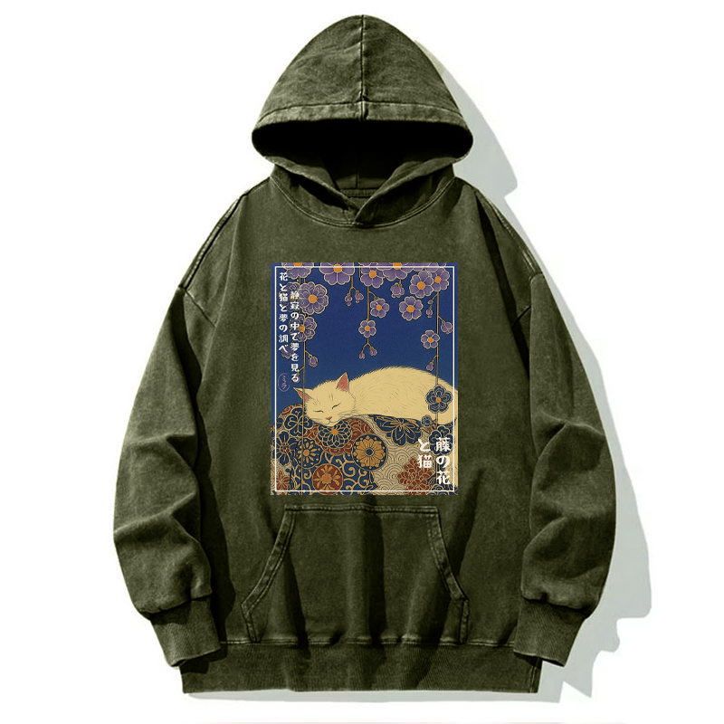 Tokyo-Tiger Ukiyoe Wisteria Flowers and Cats Washed Hoodie