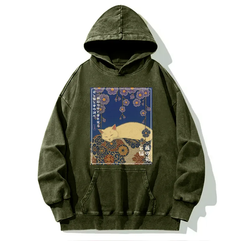 Tokyo-Tiger Ukiyoe Wisteria Flowers and Cats Washed Hoodie