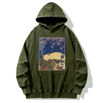 Tokyo-Tiger Ukiyoe Wisteria Flowers and Cats Washed Hoodie