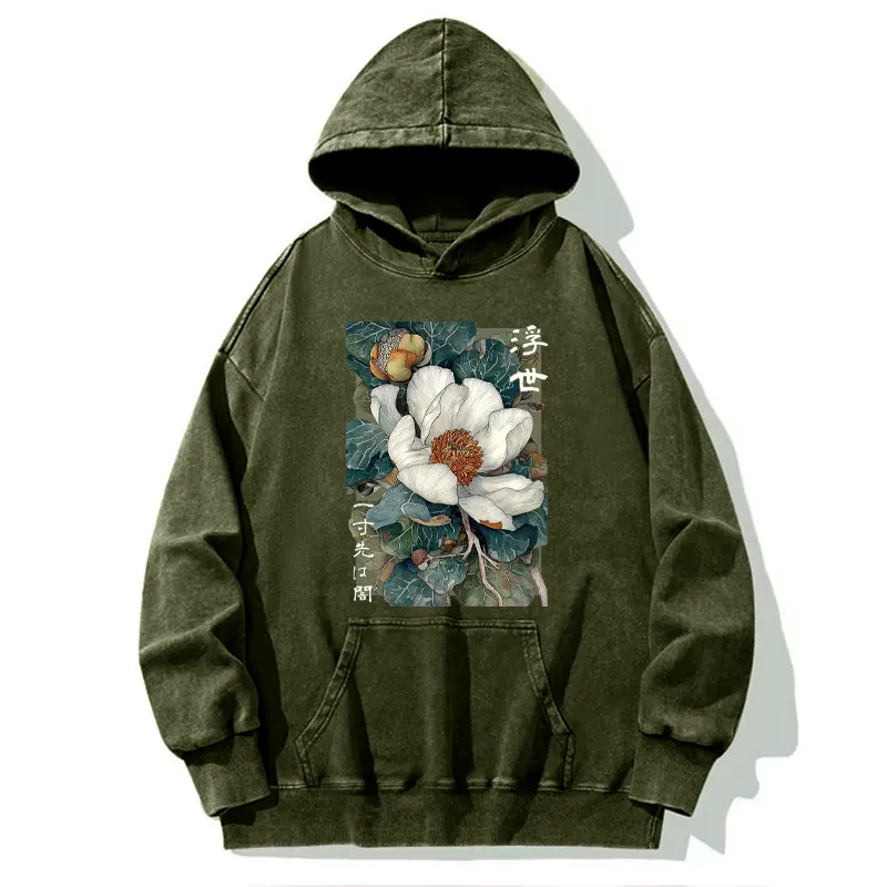 Tokyo-Tiger Ukiyoe Magnolia Flower Poster Washed Hoodie
