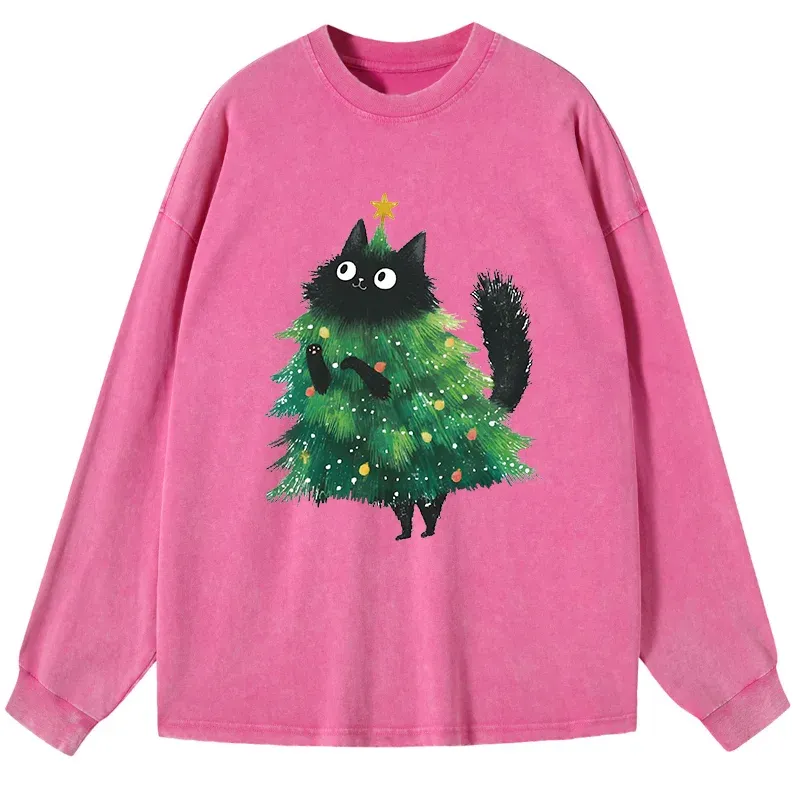 Tokyo-Tiger Christmas Tree Cat Japan Washed Long Sleeve T-Shirt