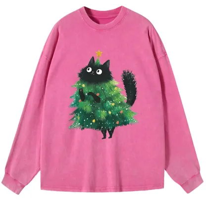 Tokyo-Tiger Christmas Tree Cat Japan Washed Long Sleeve T-Shirt