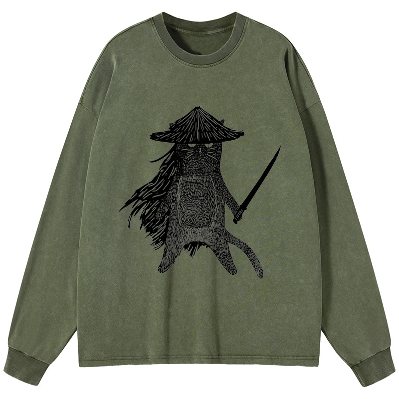 Tokyo-Tiger Japanese Samurai Cat Washed Long Sleeve T-Shirt