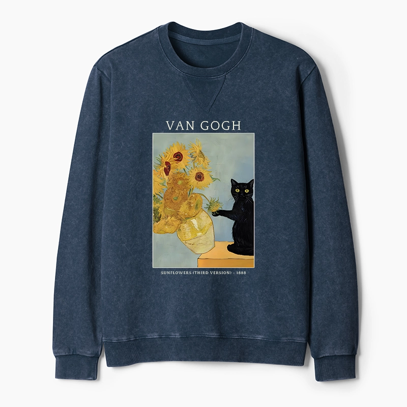 Tokyo-Tiger Black Cat With Sunflowers Washed Terry Sweatshirt
