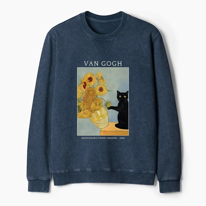 Tokyo-Tiger Black Cat With Sunflowers Washed Terry Sweatshirt