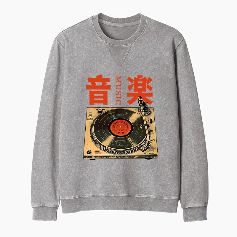 Tokyo-Tiger Retro Music Record Player Washed Terry Sweatshirt