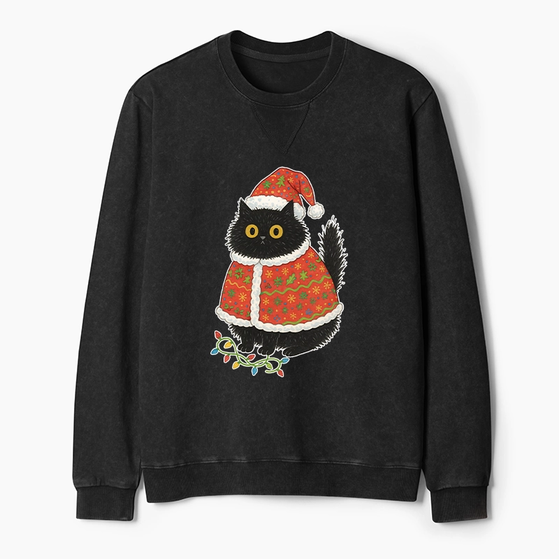 Tokyo-Tiger Cat Wearing Santa Hat Washed Terry Sweatshirt