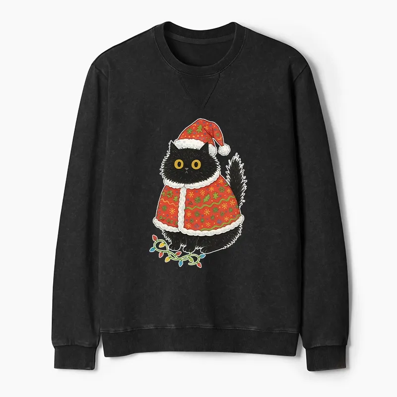 Tokyo-Tiger Cat Wearing Santa Hat Washed Terry Sweatshirt