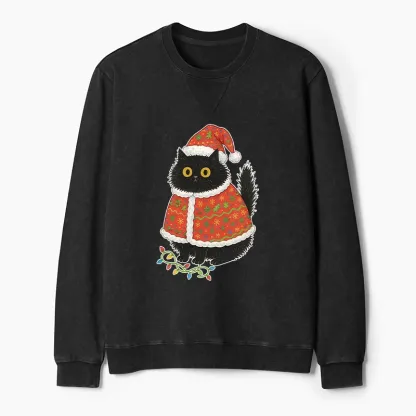 Tokyo-Tiger Cat Wearing Santa Hat Washed Terry Sweatshirt
