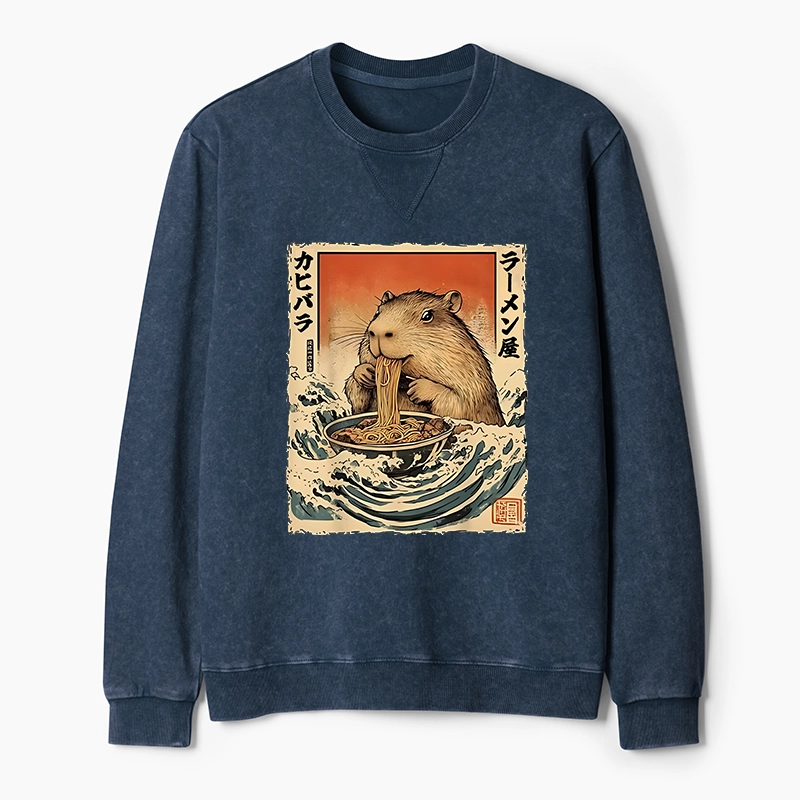 Tokyo-Tiger Hamster Eating Ramen Washed Terry Sweatshirt