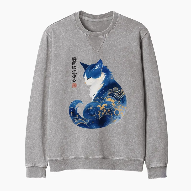 Tokyo-Tiger Retro Zen Cat: Living the Present Washed Terry Sweatshirt