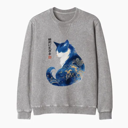 Tokyo-Tiger Retro Zen Cat: Living the Present Washed Terry Sweatshirt