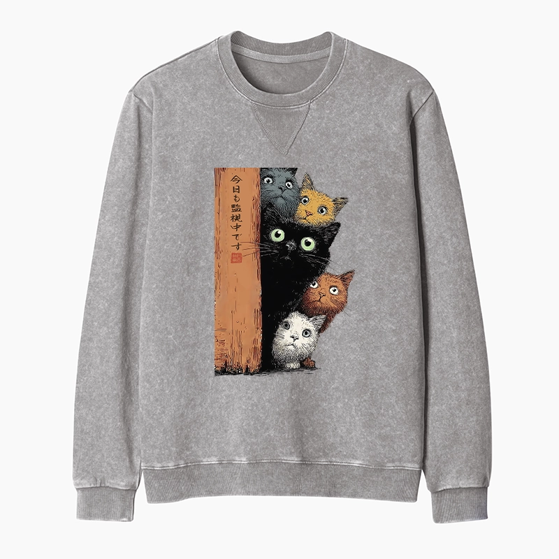 Tokyo-Tiger Five Cats Are Watching You Washed Terry Sweatshirt