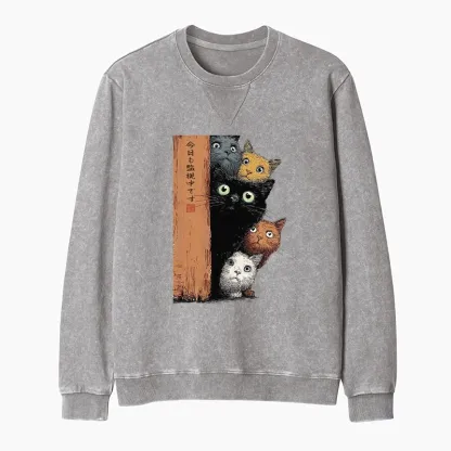 Tokyo-Tiger Five Cats Are Watching You Washed Terry Sweatshirt