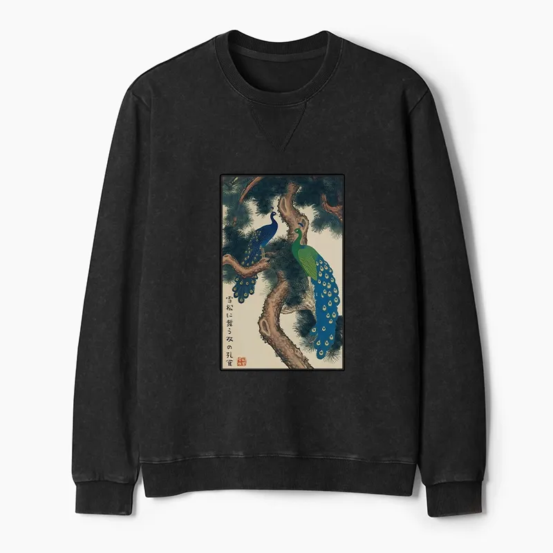 Tokyo-Tiger Peacocks in Snowy Pines Washed Terry Sweatshirt