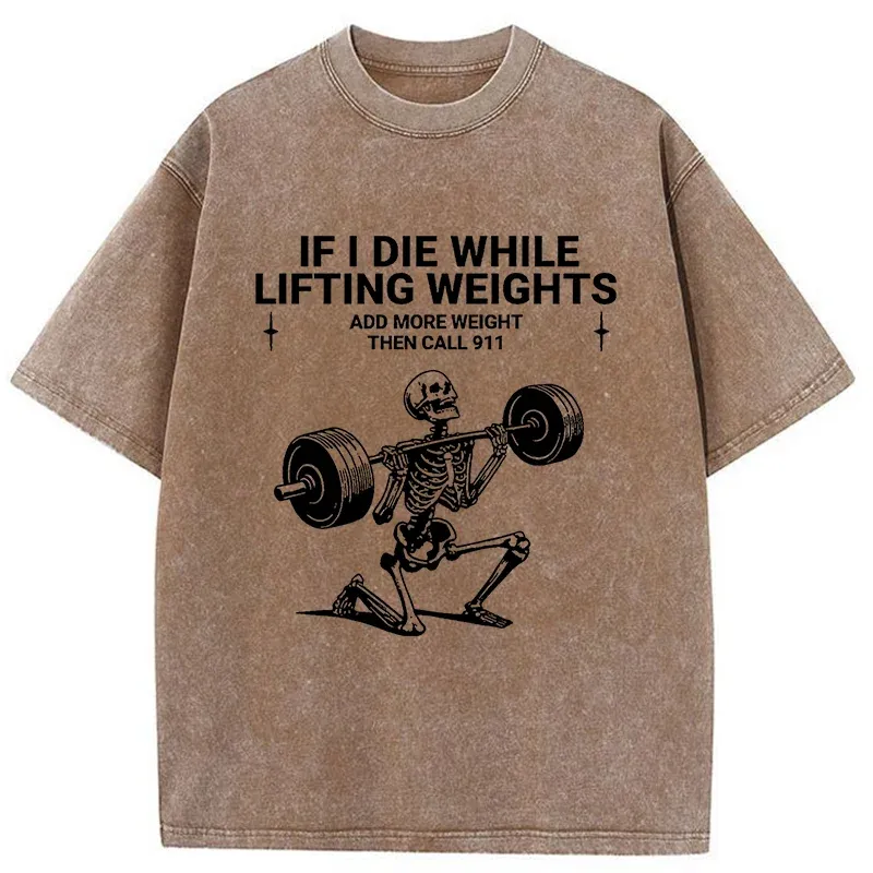 Tokyo-Tiger Skeleton Weightlifting Funny Washed T-Shirt