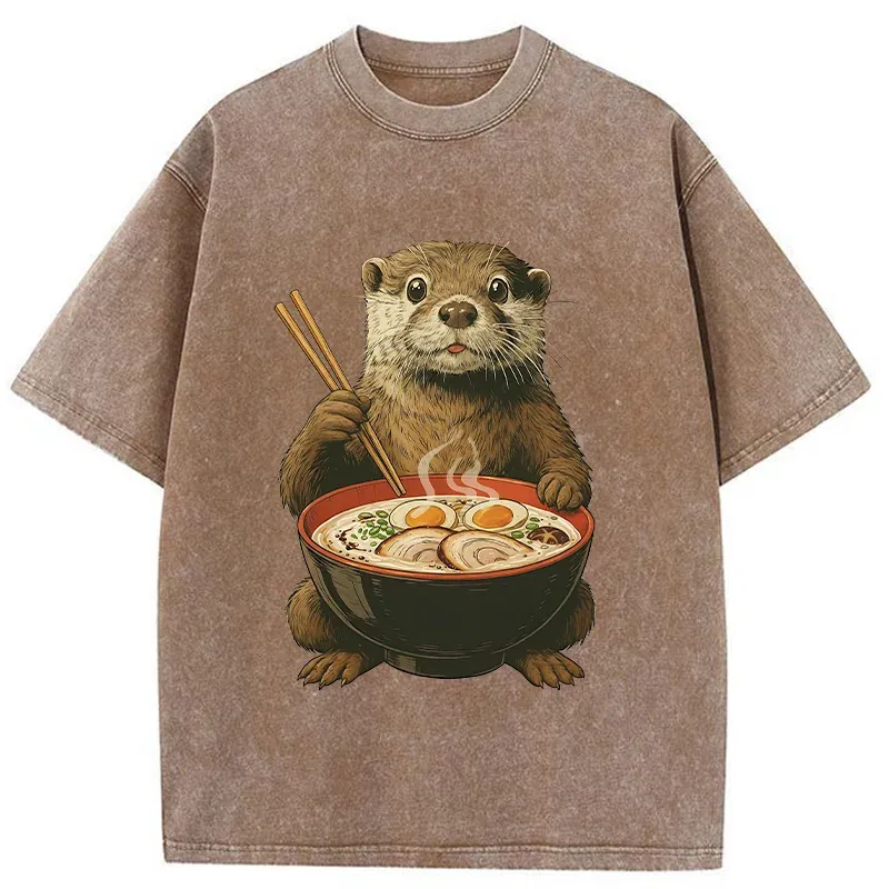 Tokyo-Tiger Otter Eating Ramen Washed T-Shirt