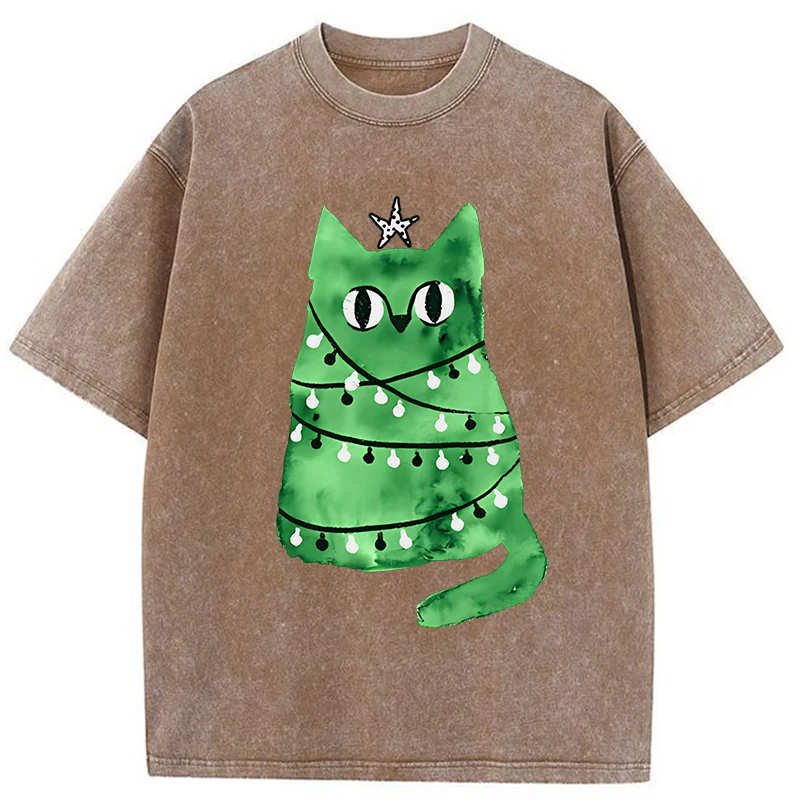 Tokyo-Tiger Christmas Tree Green Cat Washed T-Shirt