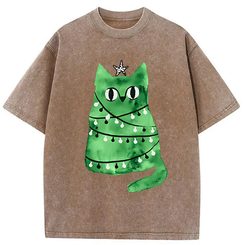 Tokyo-Tiger Christmas Tree Green Cat Washed T-Shirt Sale