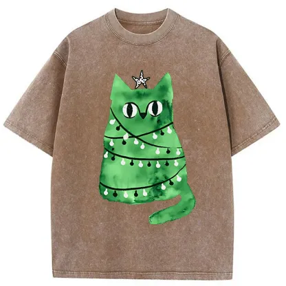 Tokyo-Tiger Christmas Tree Green Cat Washed T-Shirt