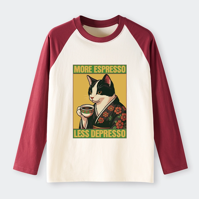 Tokyo-Tiger Tuxedo Cat Drinking Coffee Raglan Long Sleeve T-shirt