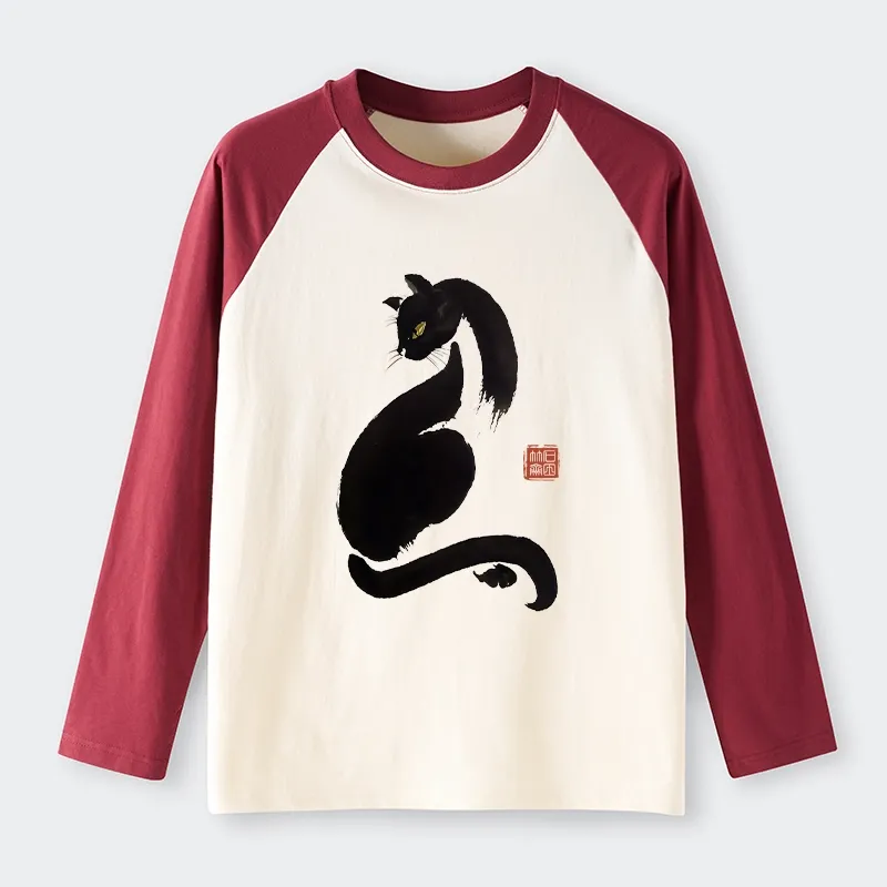 Tokyo-Tiger Elegant Black Cat Japan Raglan Long Sleeve T-shirt