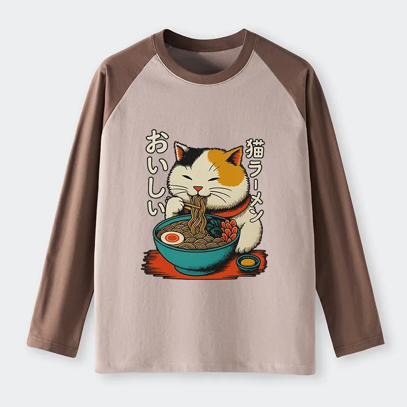 Tokyo-Tiger Cute Eat Eating Japanese Ramen Raglan Long Sleeve T-shirt