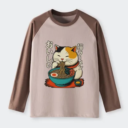 Tokyo-Tiger Cute Eat Eating Japanese Ramen Raglan Long Sleeve T-shirt