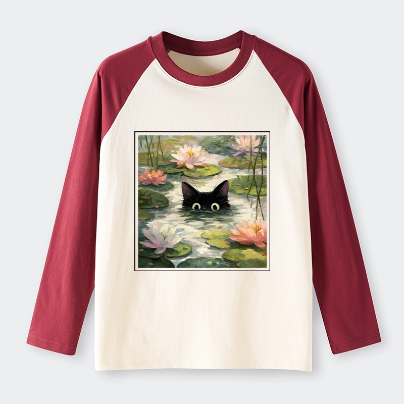 Tokyo-Tiger Black Cat and Lotus Flower Raglan Long Sleeve T-shirt