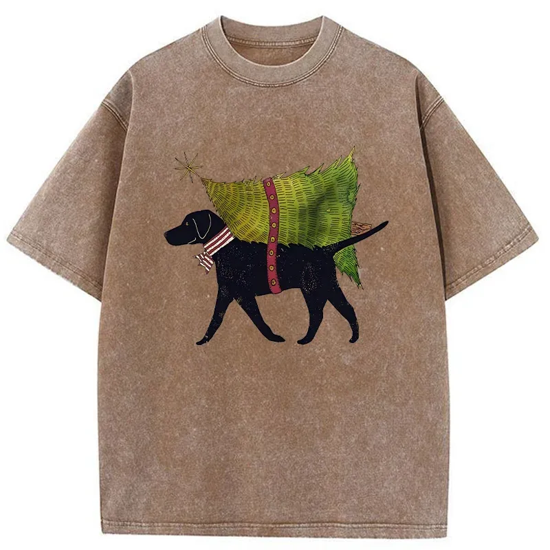 Tokyo-Tiger Dog Carrying Christmas Tree Washed T-Shirt