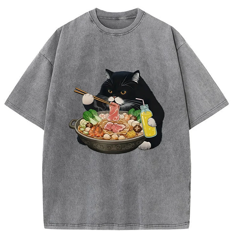 Tokyo-Tiger Black Cat Eating Hot Pot Washed T-Shirt
