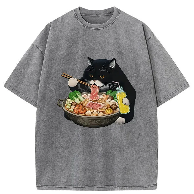 Tokyo-Tiger Black Cat Eating Hot Pot Washed T-Shirt