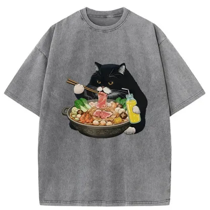 Tokyo-Tiger Black Cat Eating Hot Pot Washed T-Shirt