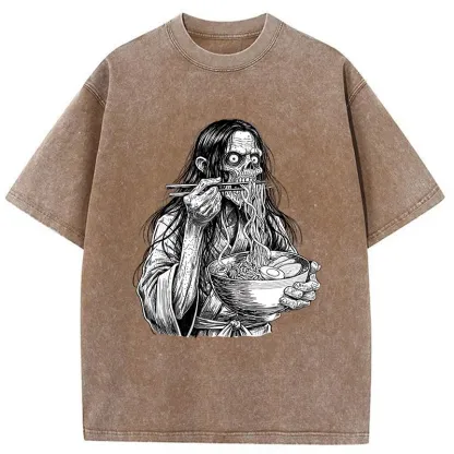 Tokyo-Tiger Ghost Eats Ramen Washed T-Shirt