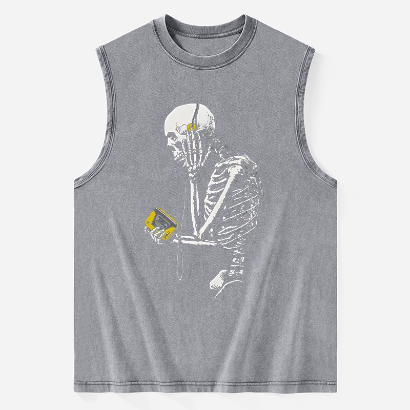 Tokyo-Tiger Skeleton Listening To Music Washed Tank