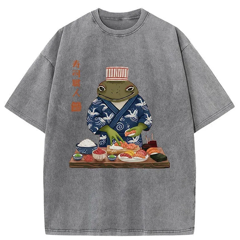 Tokyo-Tiger Frog Sushi Chef Washed T-Shirt