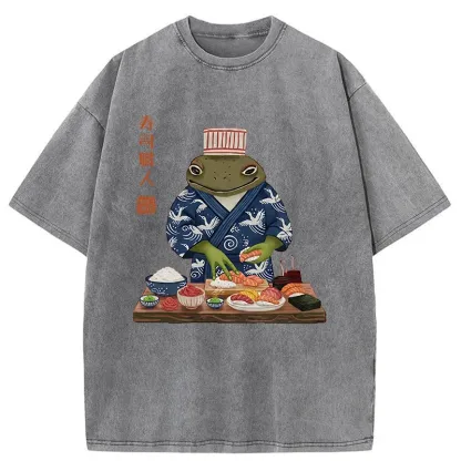 Tokyo-Tiger Frog Sushi Chef Washed T-Shirt