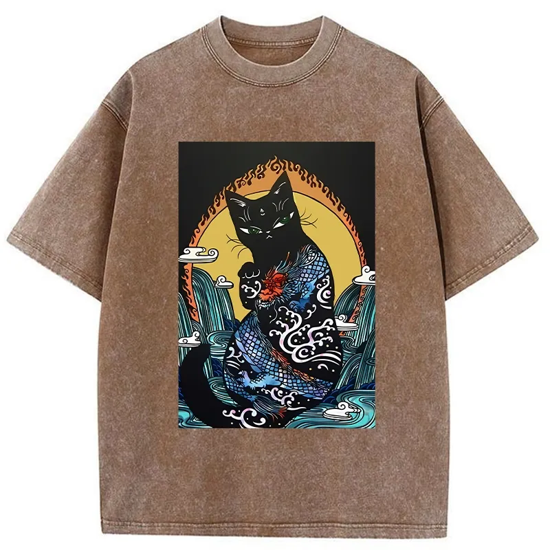 Tokyo-Tiger Black Cat With Dragon Pattern Washed T-Shirt