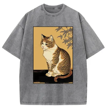 Tokyo-Tiger Retro Japanese Cat Washed T-Shirt