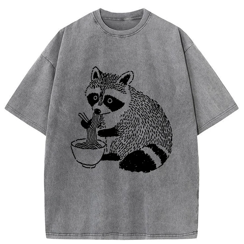 Tokyo-Tiger Cute Raccoon Eating Ramen Washed T-Shirt