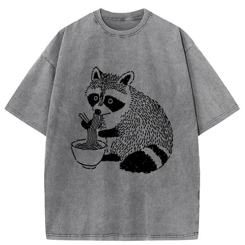 Tokyo-Tiger Cute Raccoon Eating Ramen Washed T-Shirt