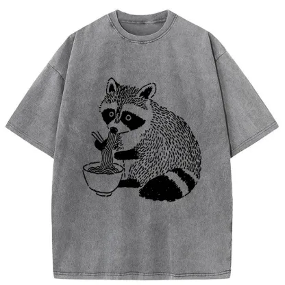 Tokyo-Tiger Cute Raccoon Eating Ramen Washed T-Shirt