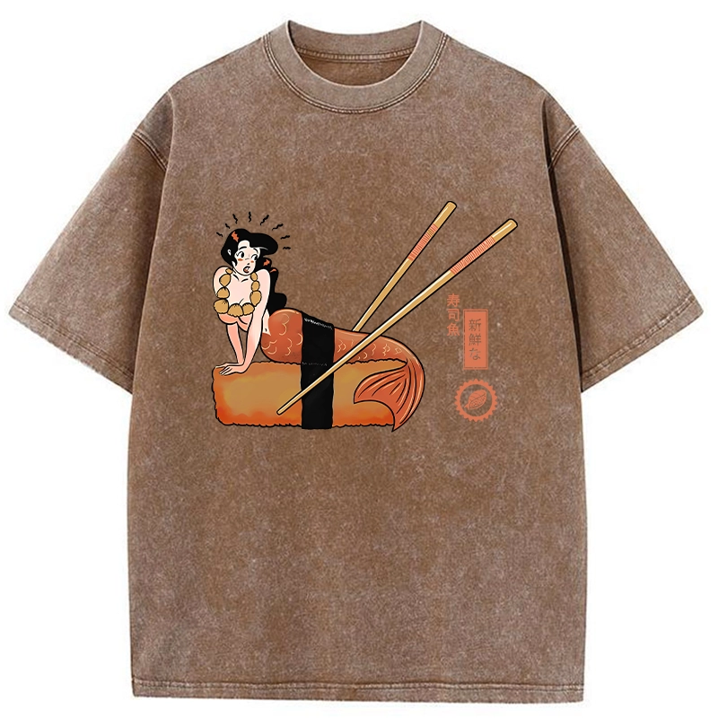 Tokyo-Tiger Funny Sushi Mermaid Washed T-Shirt
