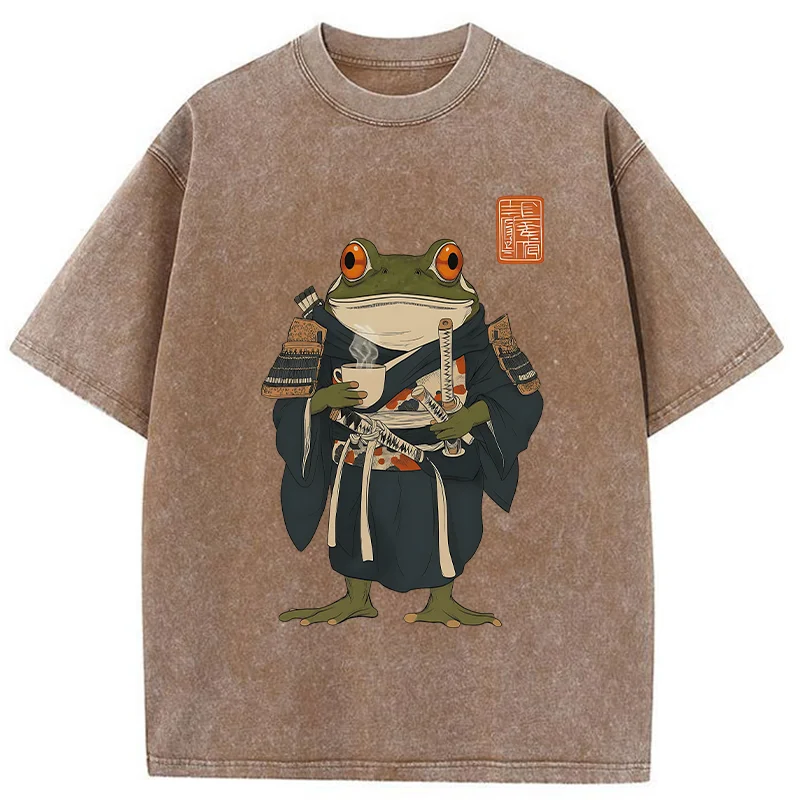 Tokyo-Tiger Frog Samurai Drinking Tea Washed T-Shirt