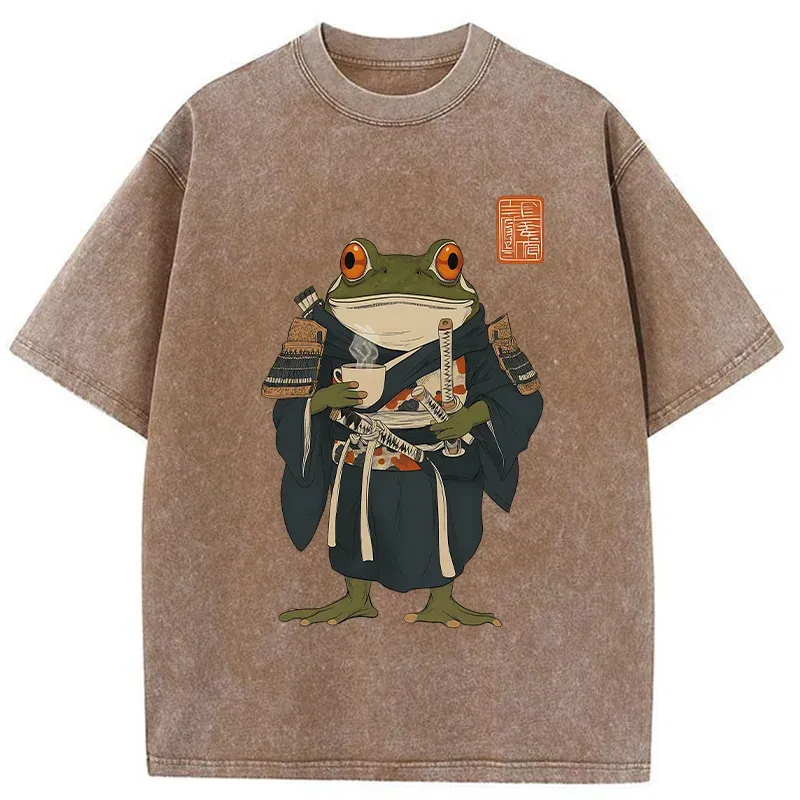 Tokyo-Tiger Frog Samurai Drinking Tea Washed T-Shirt